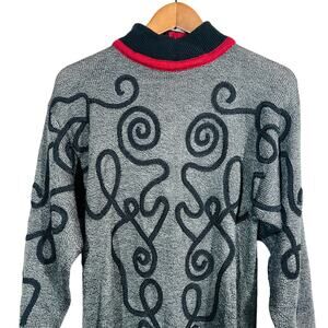 Vintage 80s Lindsay Scott Mock Neck Sweater Brocade Swirl Trim Classic Knit - S